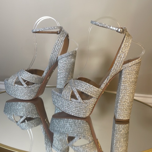 Aquazzura Sundance Silver Glitter Platform Heeled Sandals Sz 39 - Picture 7 of 17